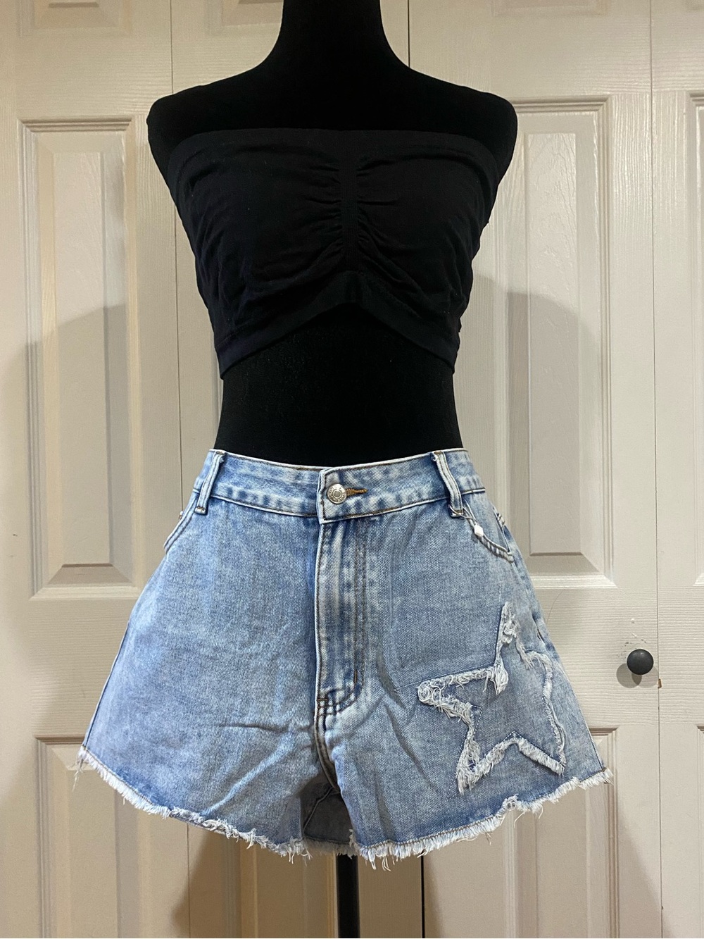 Light Blue Star Raw Hem Denim Shorts